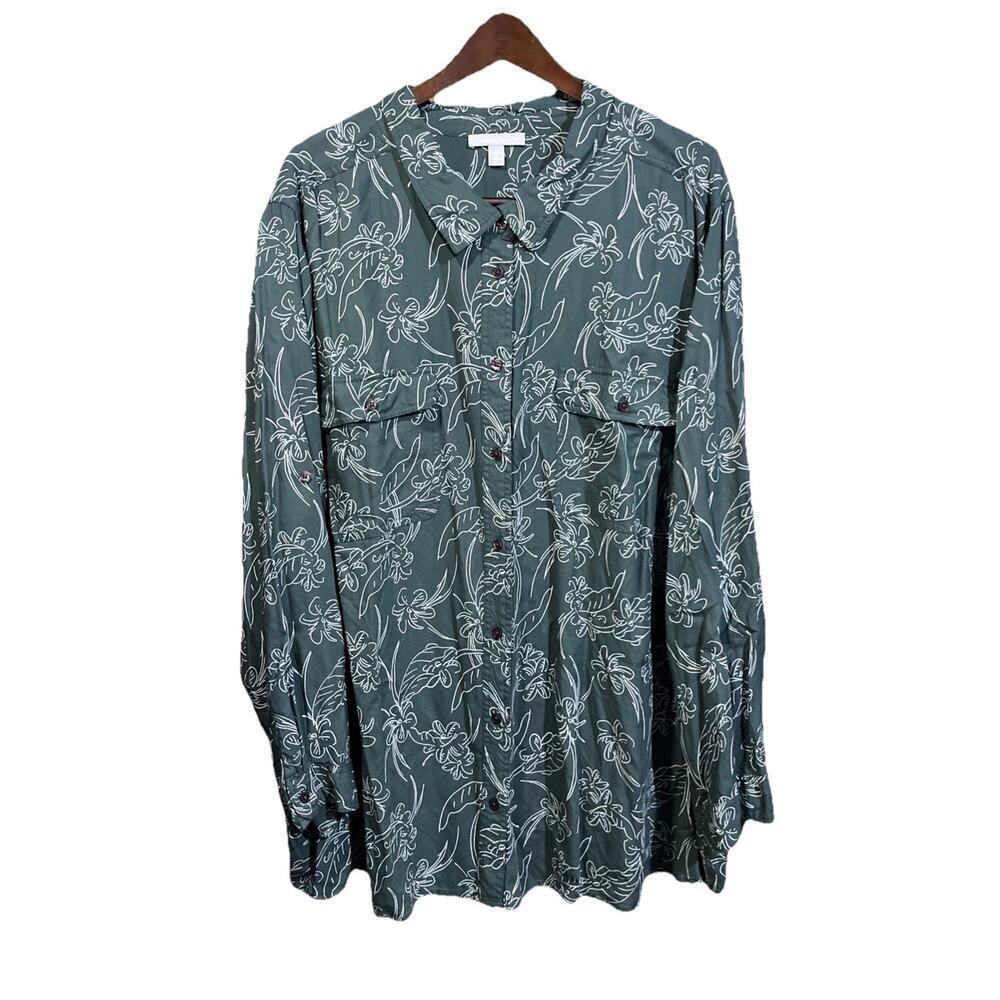 Woman Within Floral Button Down Blouse Top Size 5X GreenLightweight Flowy Office